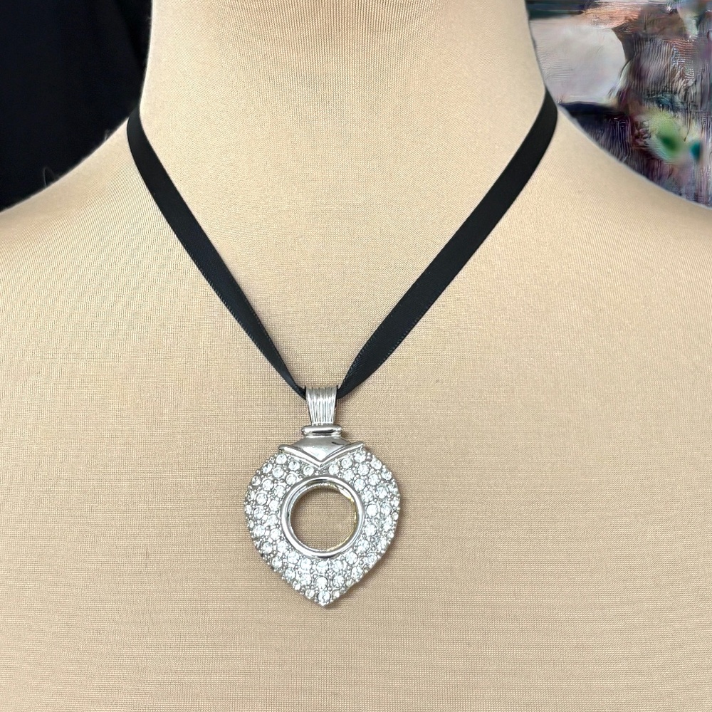 necklace pendant pave Swarovski crystal silver heart reversible love satin cord